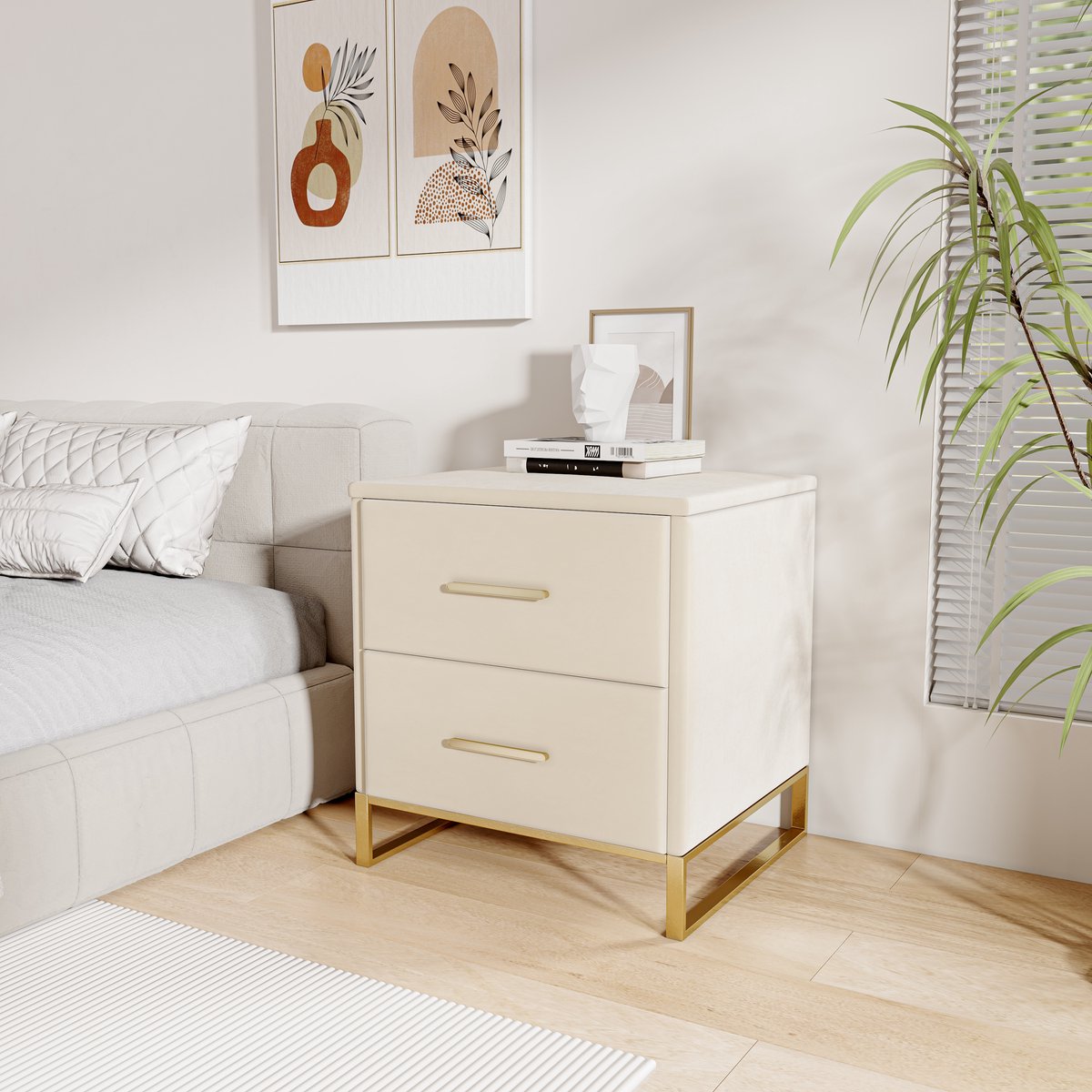 Set van 2 nachtkastjes, bijzettafel met 2 lades, metalen poten en handgrepen, bekleed met fluweel, salontafel voor woonkamer, slaapkamer of bij de bank, beige