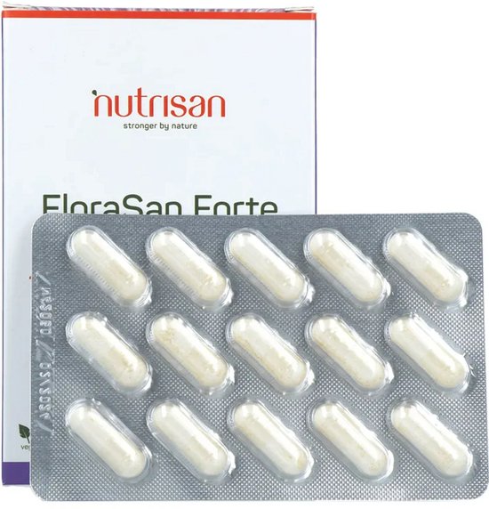 Doosje FloraSan Forte en een strip met 15 witte capsules.