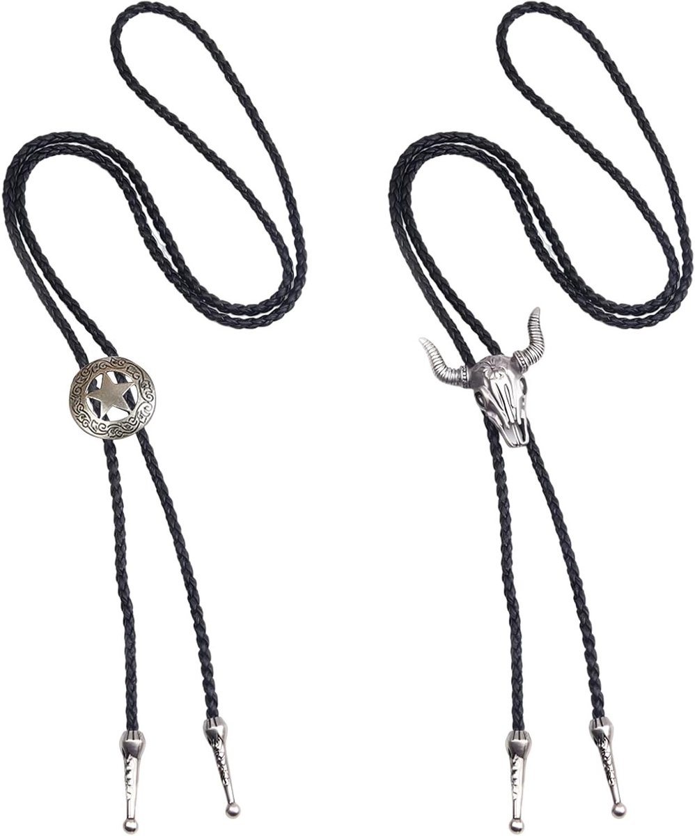 Unisex leren cowboy kraagset van 2 stuks - Wild West thema met koeienkop en Texas Ranger ster ontwerpen, verstelbare bolo ties voor mannen en vrouwen, perfect voor feesten en kostuums