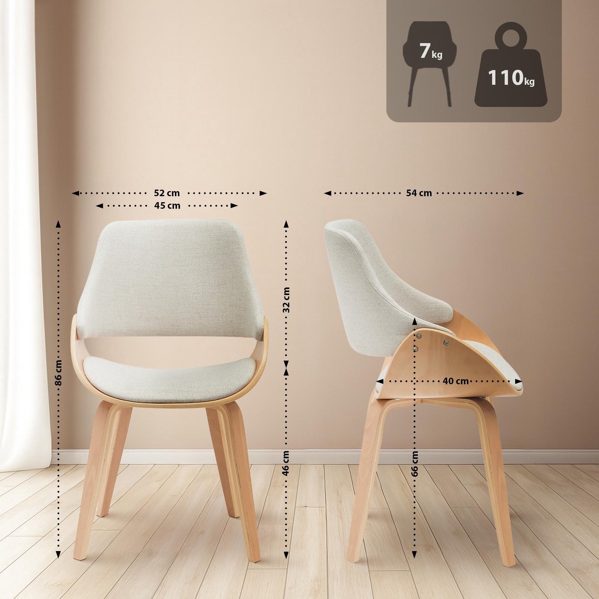 CLP Vangale Set van 2 eetkamerstoelen - Klassiek - gestoffeerd - buighouten onderstel - Stof/natura/creme