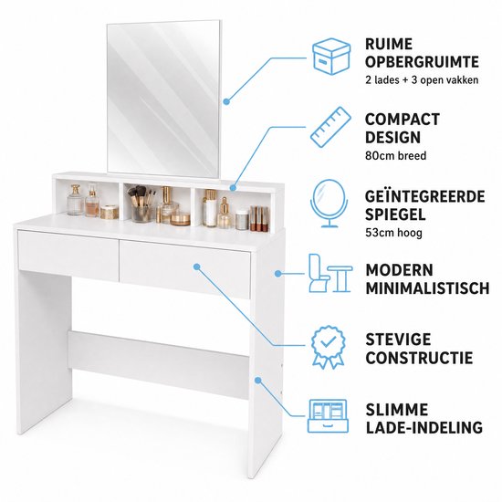 Moderne witte kaptafel met spiegel, twee lades en open vakken, met labels over afmetingen en functies.