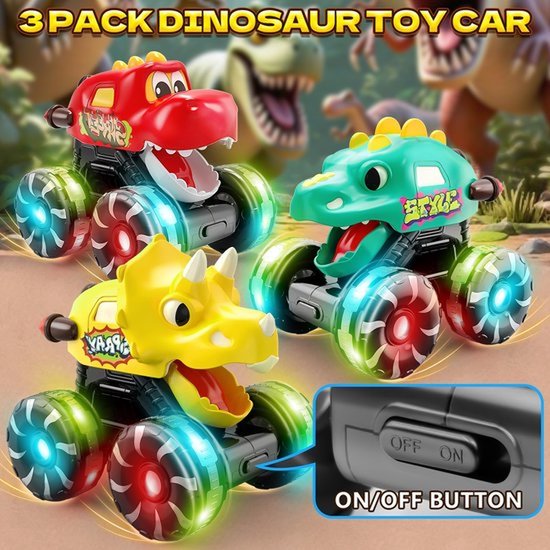 3-pack dinosaurus auto speelgoed - Kinderen Peuters - Lichtgevende wielen Monster Truck speelgoed - Voor jongens van 2, 3, 4, 5, 6, 7 en 8 jaar oud Kerst verjaardagscadeaus - Press & Go Dino Trucks speelgoed — afbeelding 5