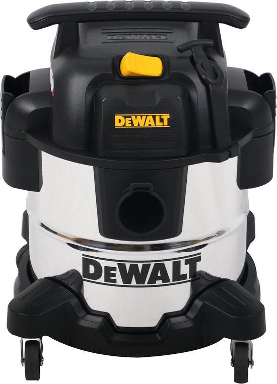 Aspirateur eau et poussière DeWalt noir et argent avec bouton jaune et logo sur le devant.