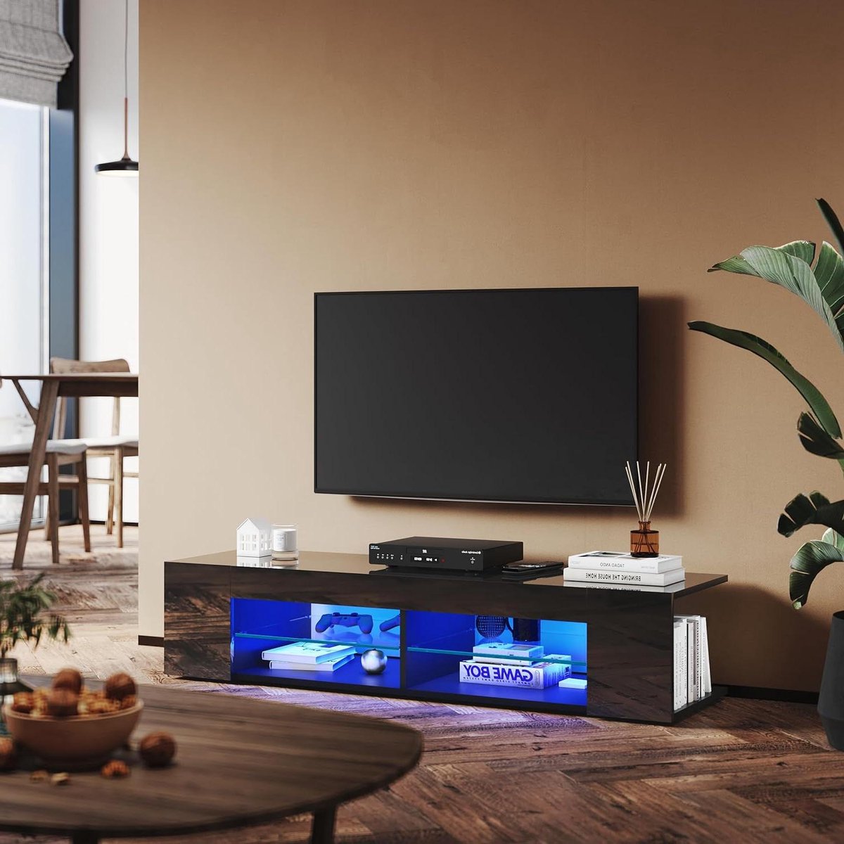 TV meubel - Lowboard TV kast - Woonkamer entertainment - Softclose scharnieren - 135x39x30cm - Zwart