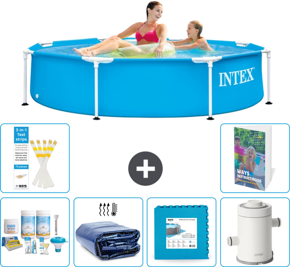 Intex Rond Frame Zwembad - 244 x 51 cm - Blauw - Inclusief Onderhoudspakket - Solarzeil - Vloertegels - Zwembadfilterpomp - 7-delig