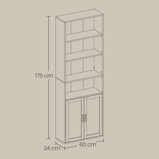 Dessin technique d'une bibliothèque blanche avec dimensions.