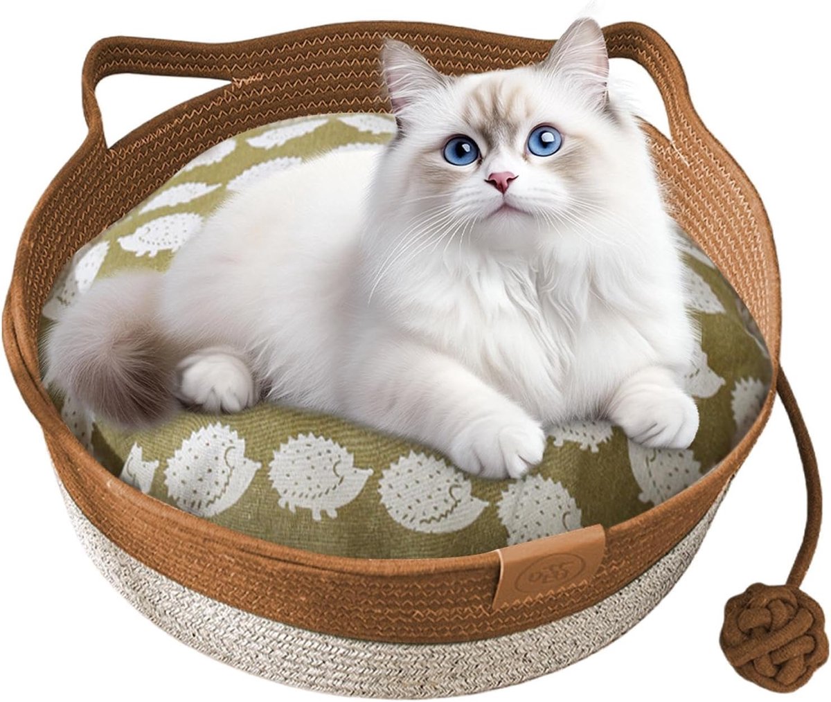 Geweven Kattenbed - Mand Touw - Rustplek Kat - Afneembaar Kussen - Medium Formaat