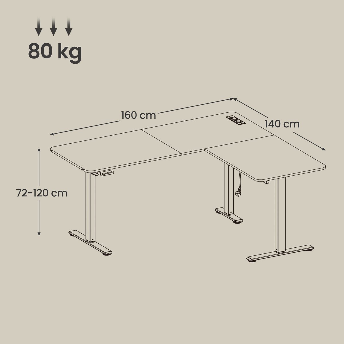 VASAGLE - Bureau - Met Stekkerdoos en Geheugenfunctie thumbnail 3