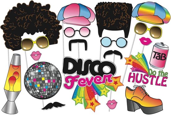 Set discofeest props: afro, snorren, brillen, hoeden, lippen, discobol, lavalamp, TаB blik, schoen en "Disco Fever" tekst.