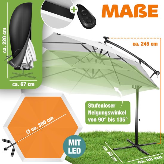 KESSER® Zweefparasol ⌀300cm met LED Solar Verlichting en voet - Parasol 360° Incl. Beschermhoes