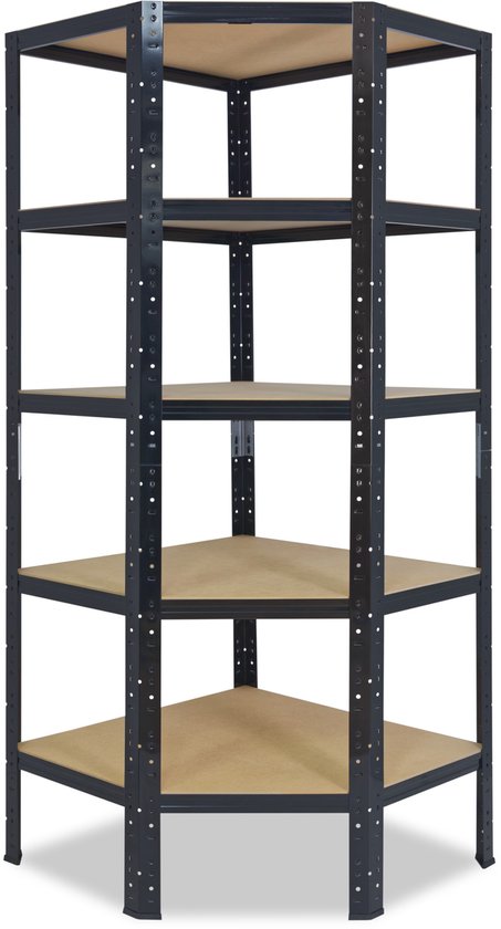 Zwarte hoekstelling met 5 houten planken, weergegeven vanuit een frontaal perspectief.