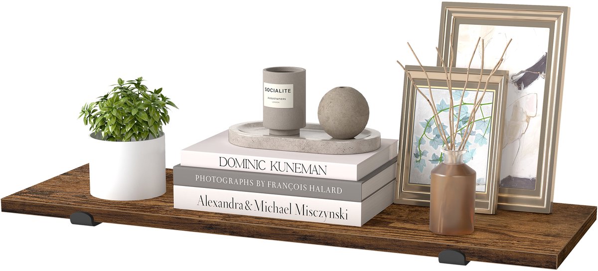 Songmics Wandplank - Zwevend Wandrek van Hout - Modern Design - Voor Woonkamer Slaapkamer Eetkamer Bruin-Zwart