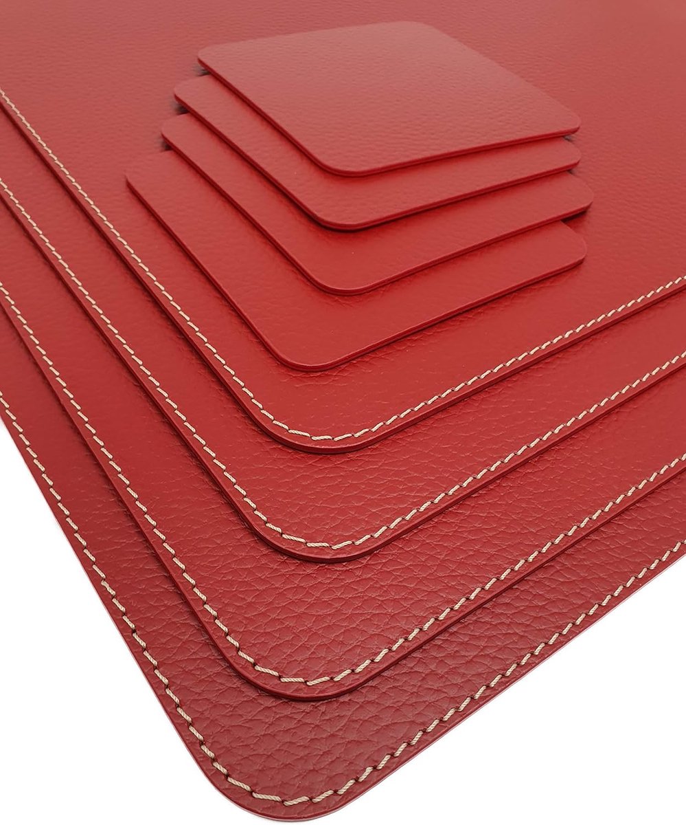 Placemats en Onderzetters - Tafelmatten - Dineren - Gerecycled Leer - 45.7 x 33 cm - Rood