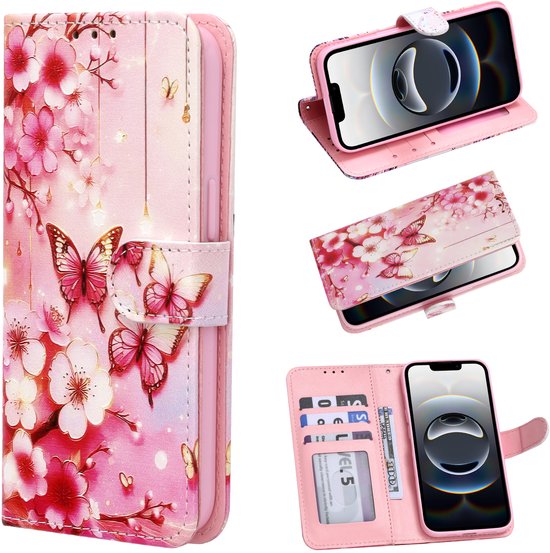 Étui de téléphone rose avec fleurs et papillons, porte-cartes, téléphone et support