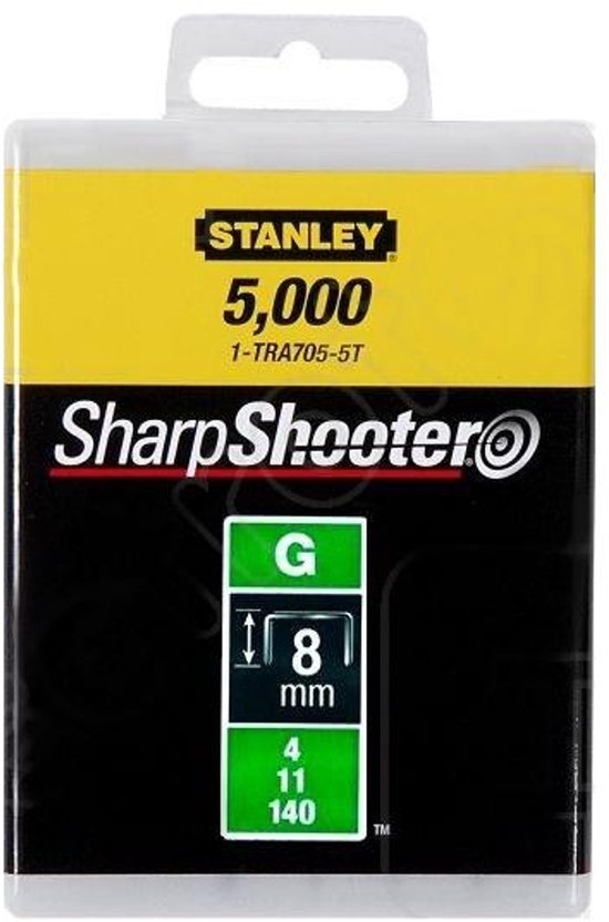 Verpakking met 5000 Stanley SharpShooter nietjes van 8mm type G.