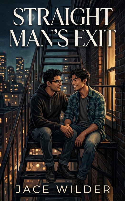 Twee mannen, Jace Wilder en de auteur, zitten op een metalen trap in een stedelijke omgeving bij nacht. De titel 'Straight Man's Exit' staat bovenaan.