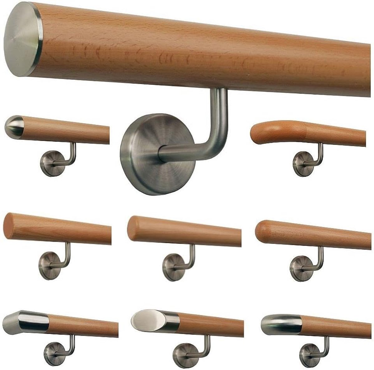 Houten Trapleuning - Beuken Handvat - Veilig Traplopen - Gelakt Massief Hout - 170 cm 3 Houders - Roestvrij Staal
