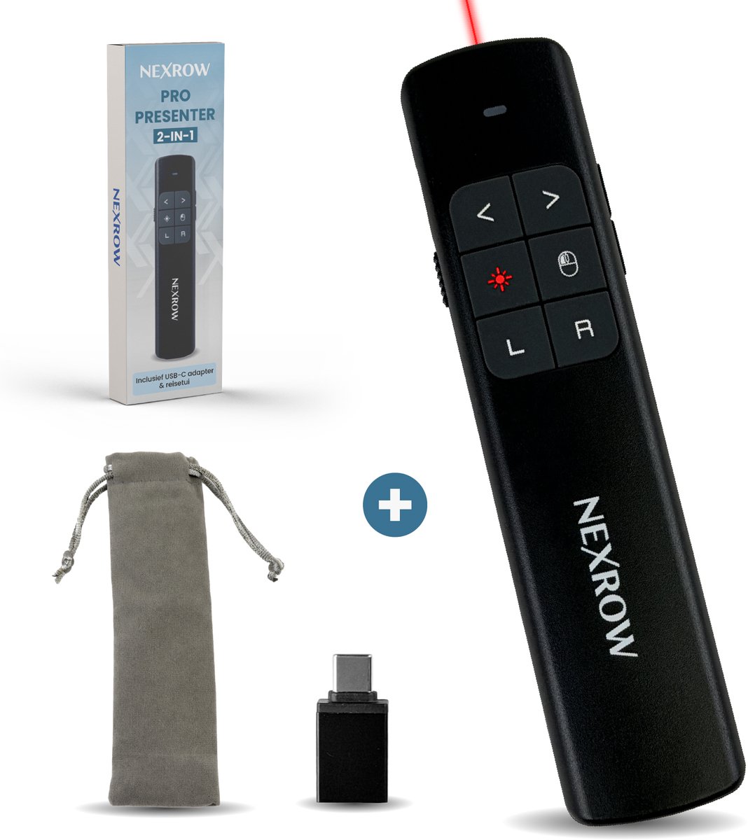 NEXROW Pro Presenter – Draadloze Presentatie Klikker met Air Mouse – PowerPoint Afstandsbediening met Laserpointer – USB-C Oplaadbaar – Inclusief USB-C Adapter & Hoes – Geschikt voor Mac, iPad & PC
