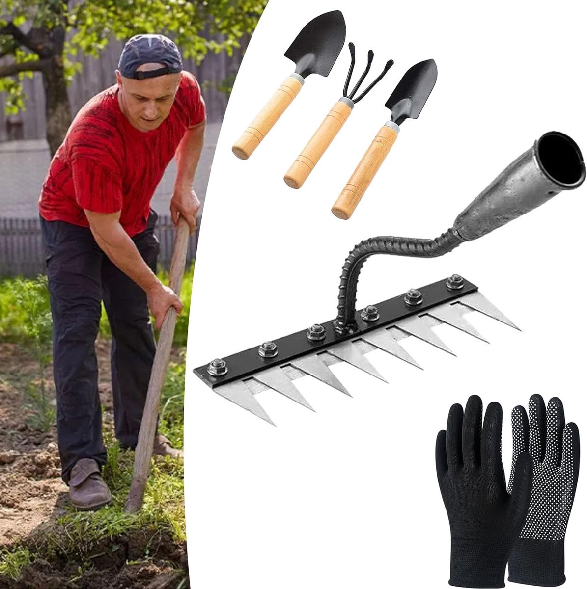 IJzeren Tuin Harken - Onkruid Wieden - Tuinonderhoud Losmaken - Roestvrij Carbon Staal - 27cm Breed 8 Tanden - Zwart