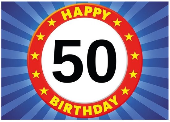 Carte d'anniversaire avec des rayons bleus et "Joyeux Anniversaire 50" au centre.