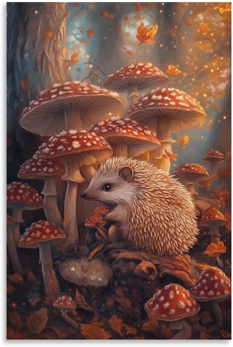 Wanddecoratie Egel Paddenstoel - Schilderij Canvas - Moderne Ruimte - HD Giclée Print - 20 x 30 cm - Natuurlijke Kleuren