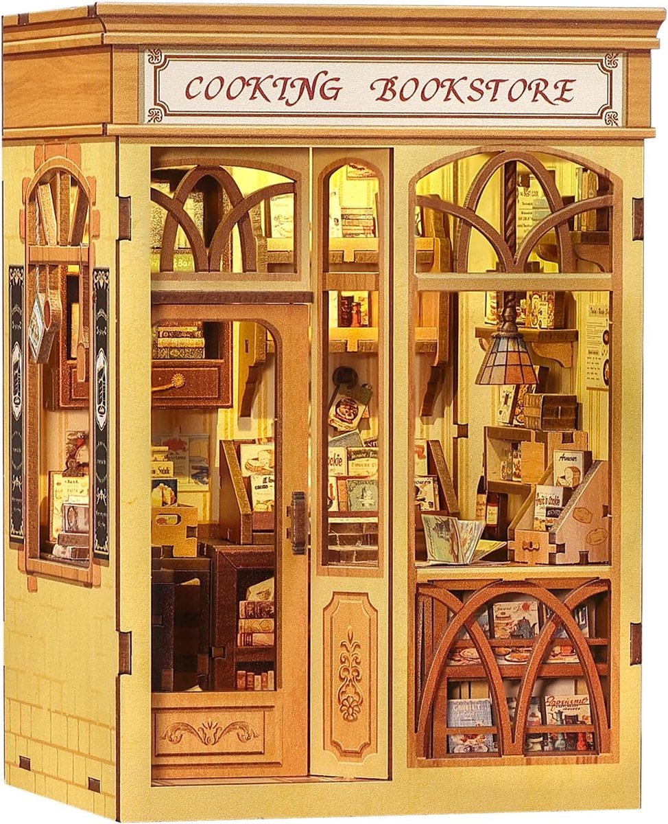 CUTEBEE Book Nook Kit -DIY poppenhuis met LED,De wonderen van lekker eten ontdekken, Miniatuur Huisjes Bouwpakket, Uniek Cadeau Voor Familie en Vrienden (Cooking Bookstore)