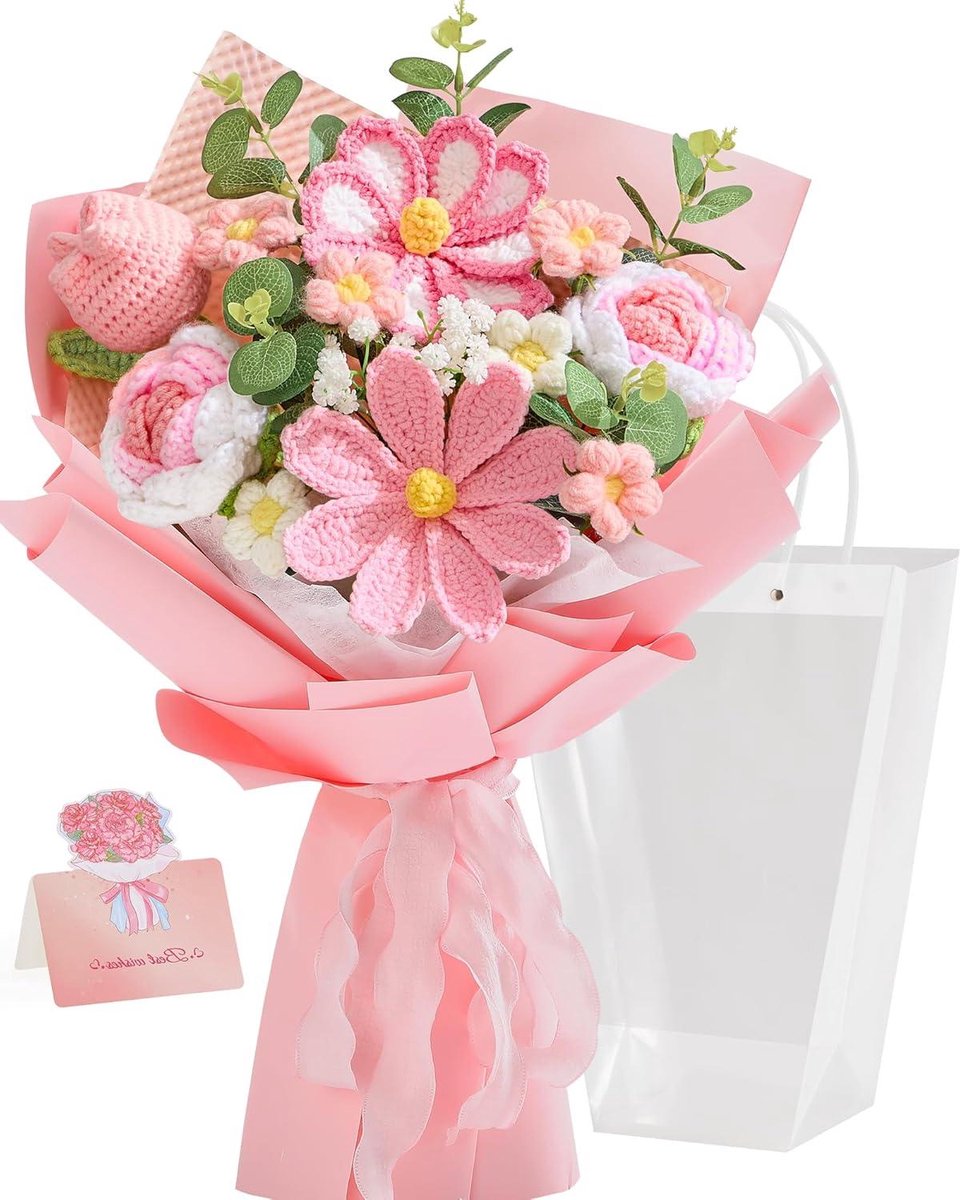 Gehaakt bloemenboeket - Gebreide bloemen tulpen - Cadeau geven - Handgemaakt katoen - 39x34x10cm - Roze
