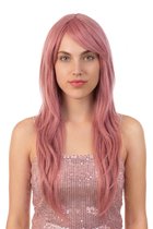 KIMU® Luxe Lange Pastel Roze Pruik Zeemeermin - Lichtroze Mermaid Lang Haarwerk Met Schuine Pony - Eenhoorn Unicorn Halloween