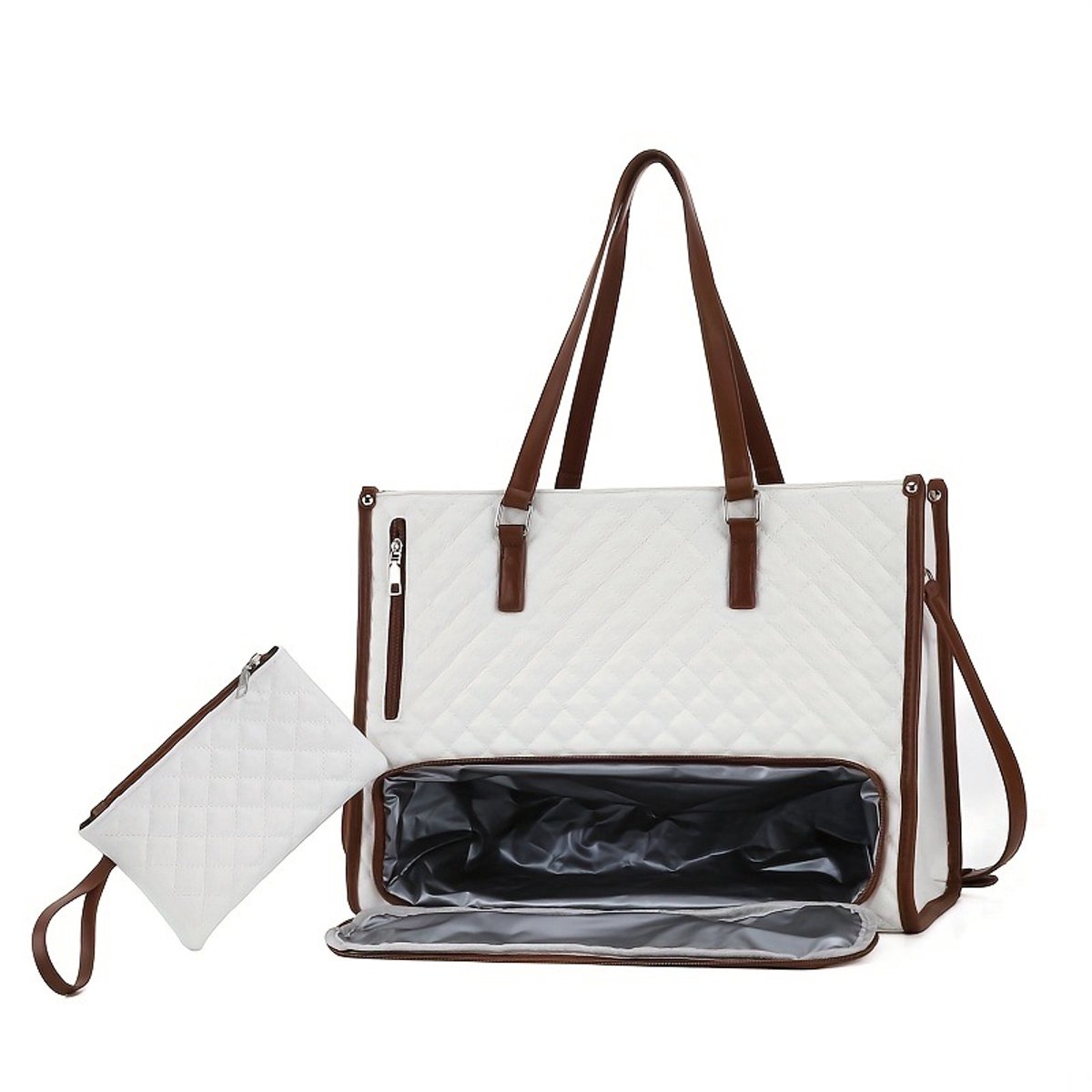 Deze 2-in-1 lunchtas voor dames, met afmetingen van 42*30*17 cm, is voorzien van een laptopvak, een geïsoleerd lunchvak, een gewatteerde, ruime draagtas en een stijlvolle zakelijke werktas.