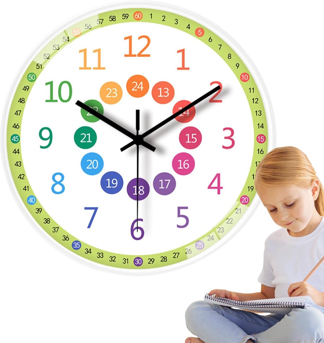 Educatieve Klok - Leertijd Klok - Kinderen Leren - Stil Uurwerk - 8 Inch