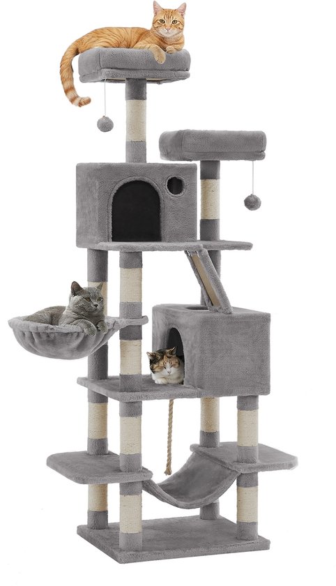 Arbre à chat gris avec hamac, niche, plateformes. Cinq chats jouent et se reposent sur l'arbre.