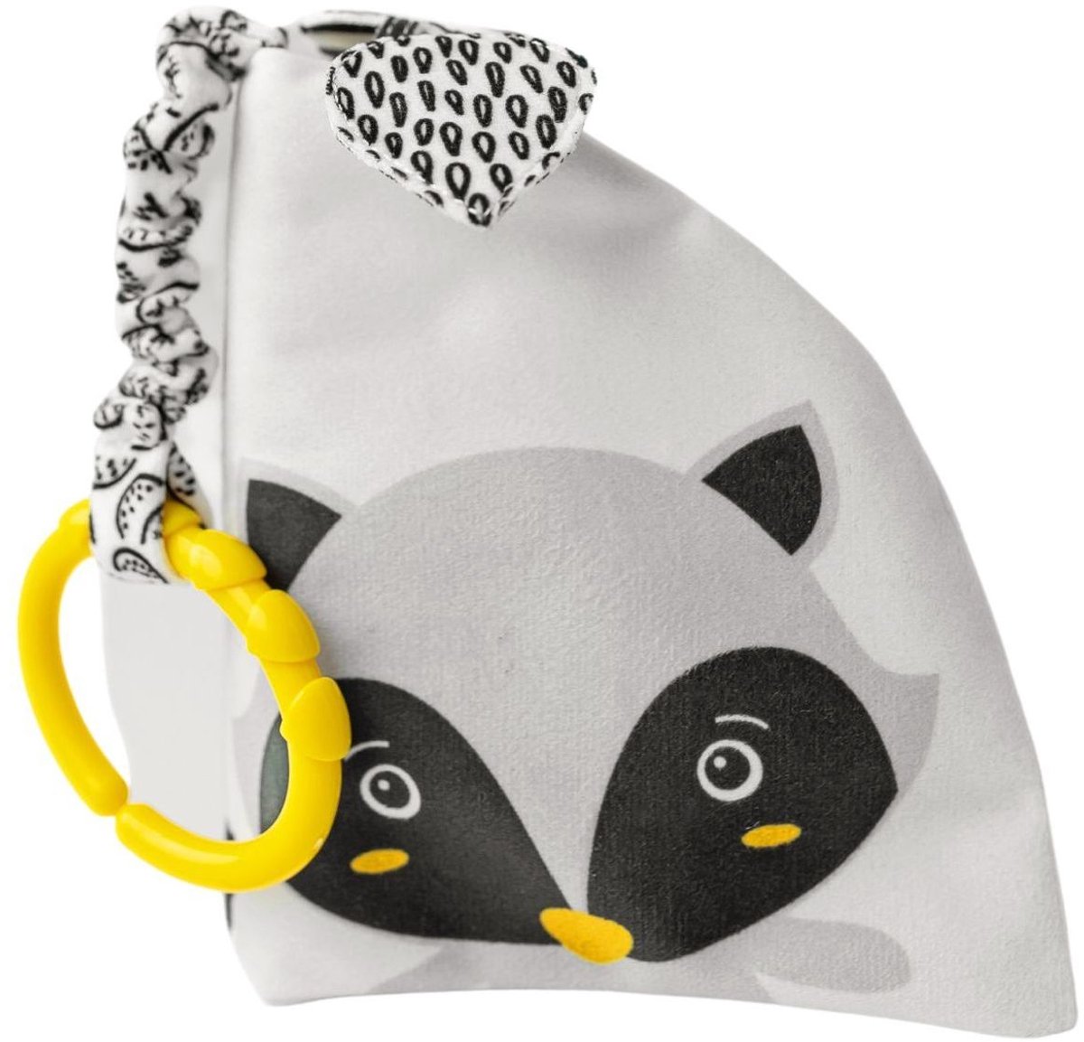 Mom's Care baby speelgoed Raccoon Pedro sensorisch boekje zwart-wit.
