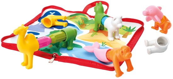 Zeer kleurrijke speelmat met 6 magnetische dierenstukken: gele kameel, groene hond, witte beer, oranje aap, roze dolfijn.
