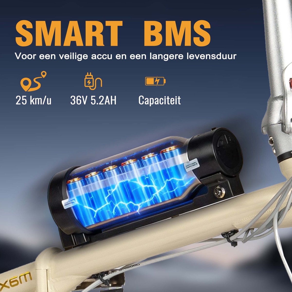Maxtron Smart20 Elektrische Fiets – Opvouwbare E-bike – 36V 5.2Ah Lithium Accu – Actieradius tot 40 km – 20×1.35 inch Banden – Aluminium Voorvork – Shimano 7 Versnellingen – Mechanische Schijfremmen – Stadsfiets – Max. Belastbaar tot 100 kg – Beige thumbnail 3