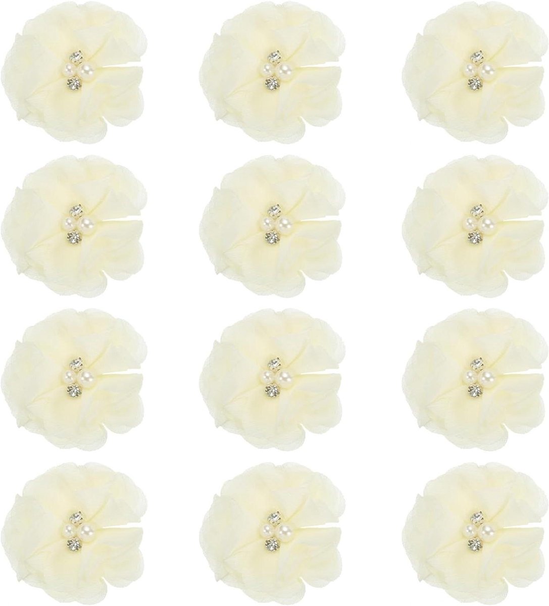 Chiffon Bloemen - Stof Applicaties - DIY Knutselen - Met Strass Parel - 6 x 6 cm - Lichtgeel