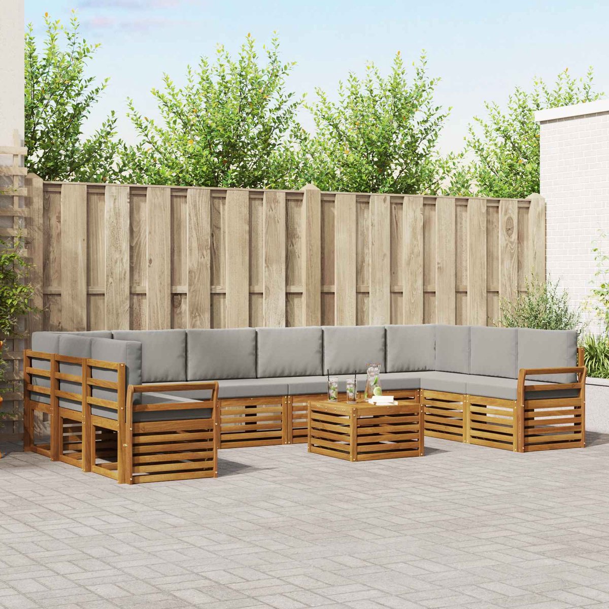vidaXL Buiten - bank - set - 11 - st - 10-zits - Naturel - en - lichtgrijs Naturel en lichtgrijs