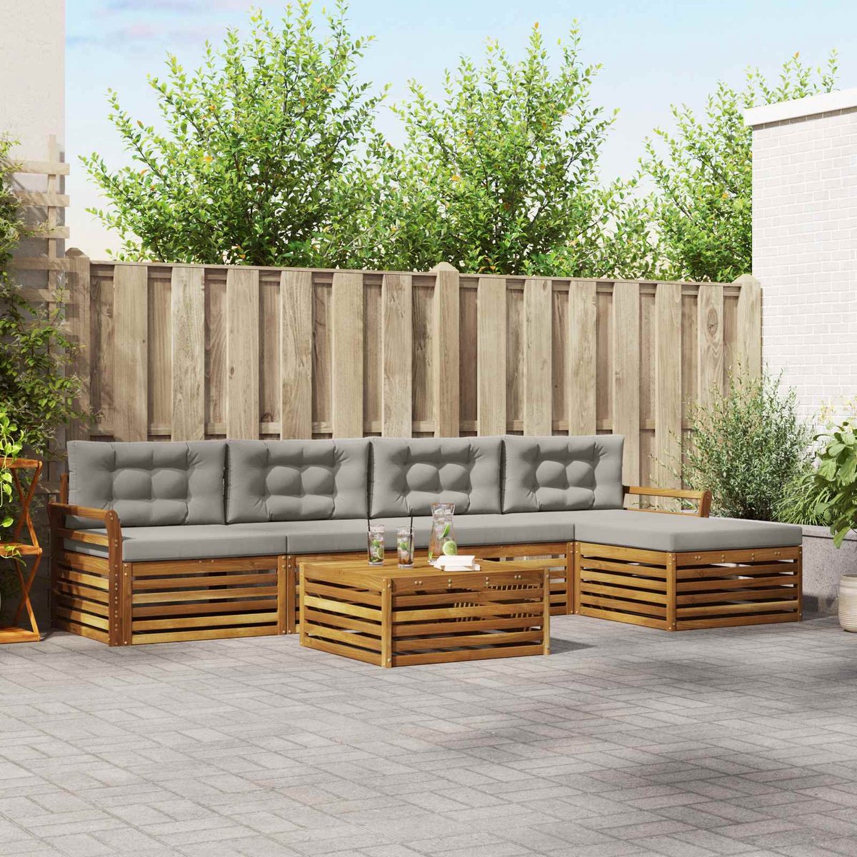 vidaXL Buiten - bank - set - 6 - st - 5-zits - Naturel - en - lichtgrijs Naturel en lichtgrijs