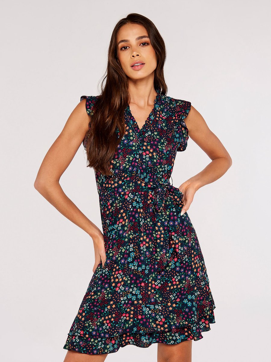 Mini-jurk met kleine bloemenprint en ruches