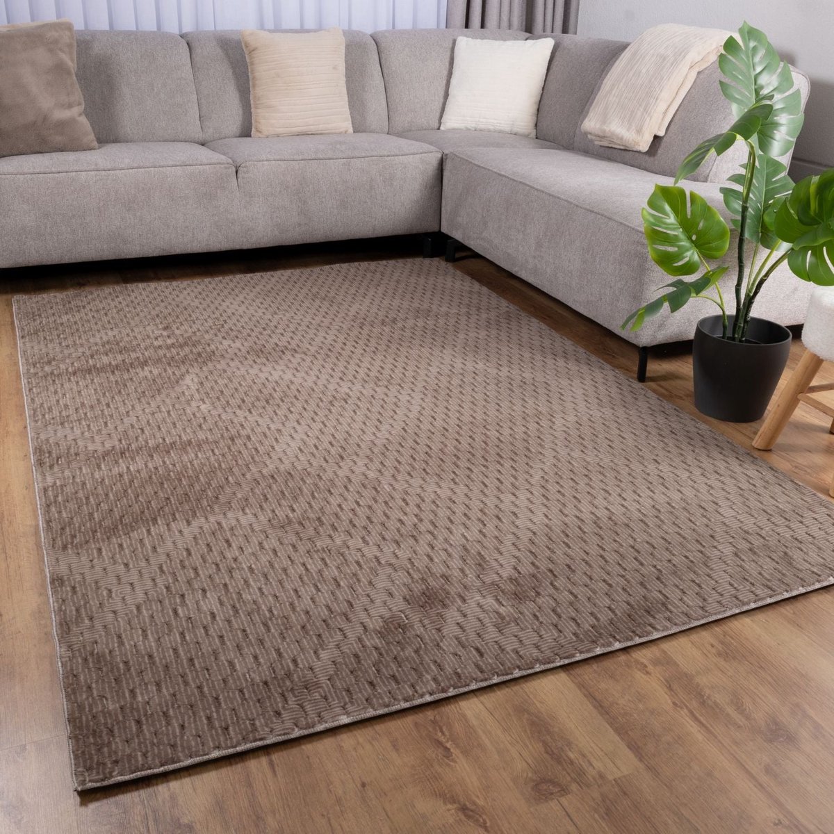 Bruin Tapijt Wasbaar Laagpolig Vloerkleed met Anti Slip Koho Modula Wasbaar op 30° - 70x300cm- Modern - Woonkamer - Salon - Slaapkamer - Eetkamer