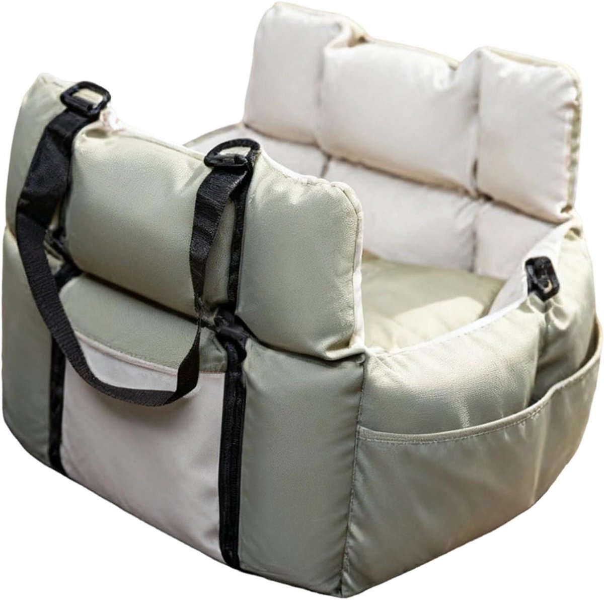 Autostoeltje voor Huisdieren - Reisbed Hondenauto - Veilig Reizen - Verstelbare Gespen - 50x48x42cm - Groen+Beige