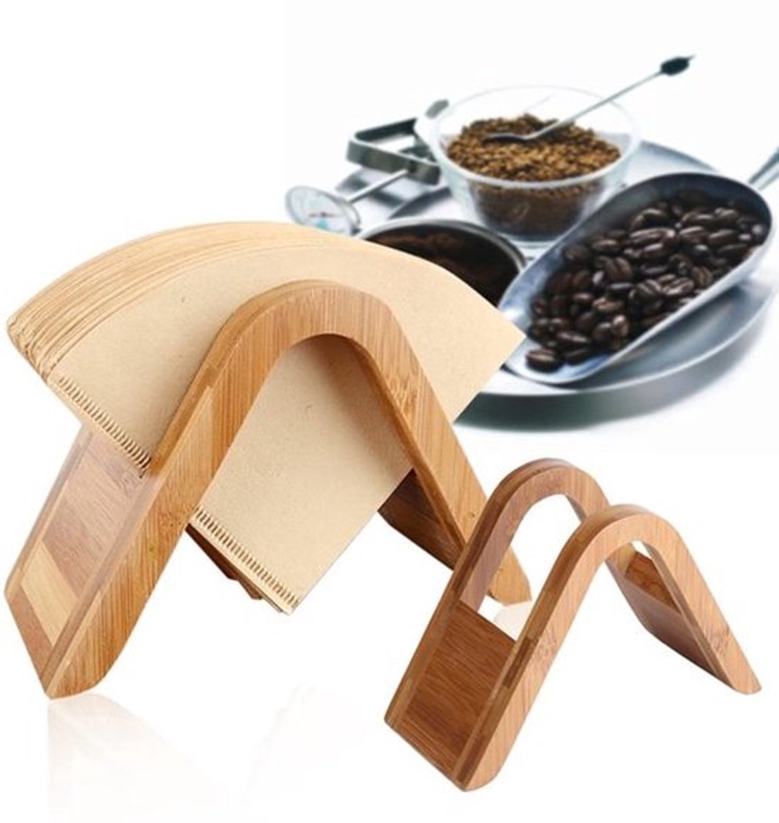 Houten Koffiefilter Houder - Voor 100 Stuks Cone Filterpapier in 4 Maten