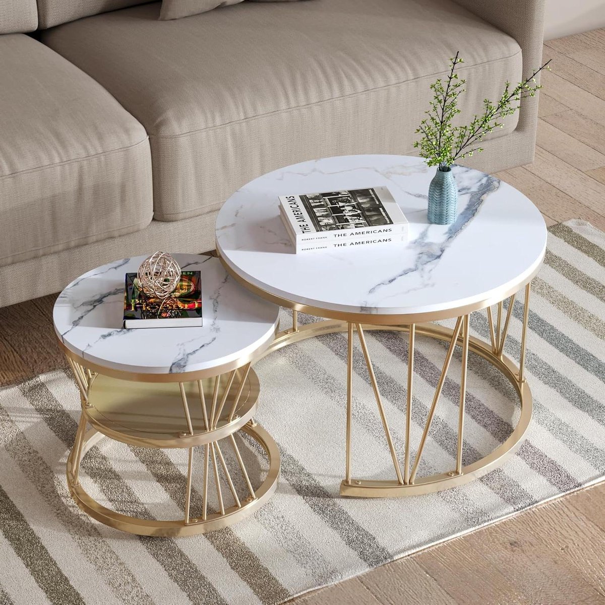 Set salontafels - Bijzettafels rond - Woonkamer inrichten - Marmerlook design - 70x45.5cm + 45x40cm - Goud