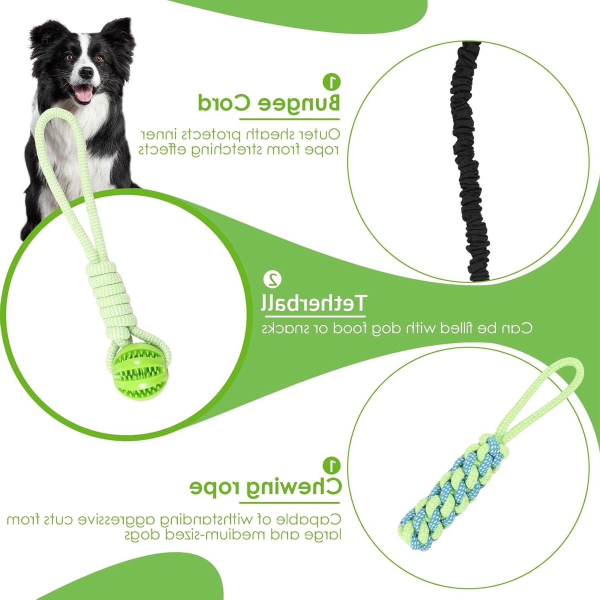 Hondenspeeltouw - Touwtrekspeelgoed Hondentouw - Actieve Hond - Elastisch Intrekbaar Koord - 160 cm - Groen