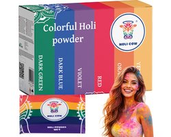 Holi Cow Holi kleurpoeder set 6 x 100 g met rood, oranje, geel, groen, blauw en paars voor kleurrijke evenementen en fotoshoots