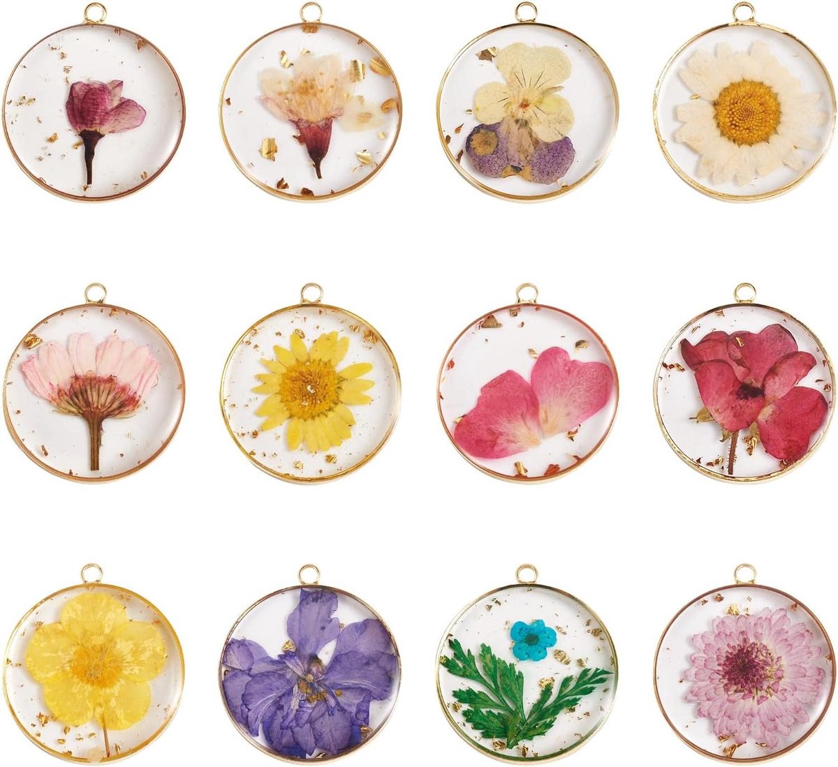 Gedroogde Bloemen Hangers - Hars Bedels - Sieraden Maken - Transparant met Goudfolie - 33.8x30x4mm - Multicolor