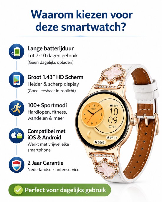 Hibousee Smartwatch voor Dames met Bluetooth Bellen, Gezondheid & Fitness Tracker – Stappenteller, Hartslagmeter, Slaapmonitor – iOS & Android - Incl 3 bandjes