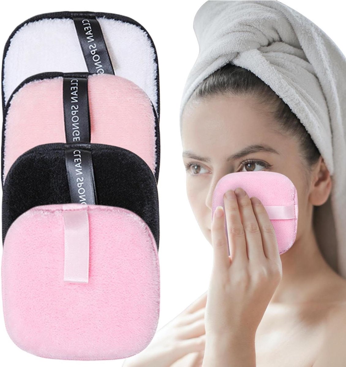 Herbruikbare Make-up Remover Pads - Gezichtssponsjes Reiniging - Make-up Verwijderen - Milieuvriendelijk Wasbaar - 4 stuks - Zwart Roze Wit