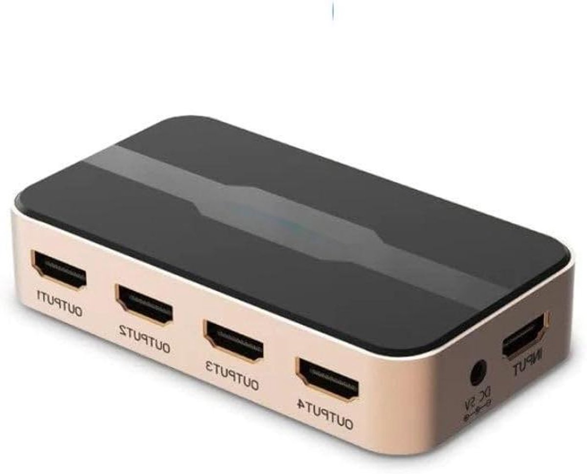 HDMI Splitter - Verdeler Box - Meerdere Schermen - 4 Poorten - 19 x 9 x 45 cm - Zwart Goud