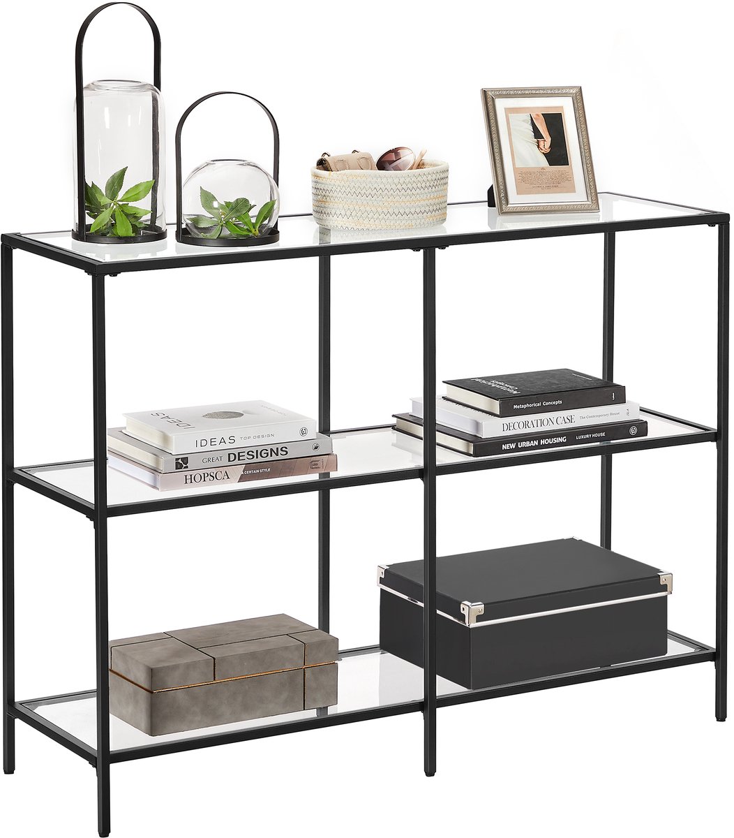 VASAGLE - Console Tafel - Haltafel - Opbergrek - 3 Planken van Gehard Glas - Metalen Frame