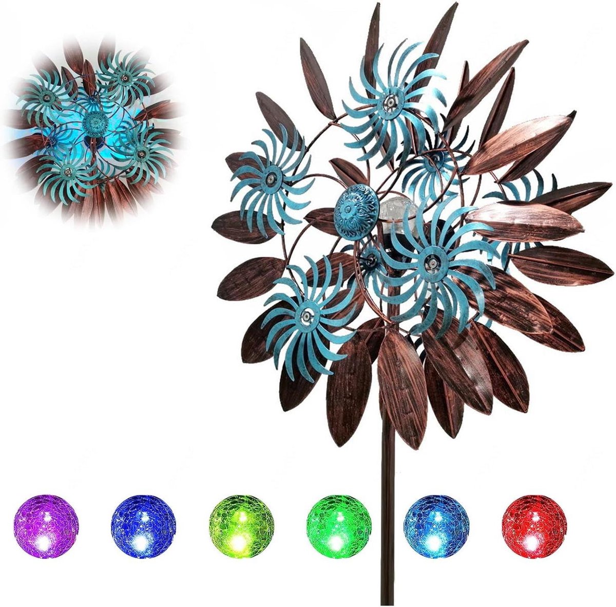 Metalen Windspinners - Tuin Windmolen - Tuin Decoratie - Zonne-energie Verlichting - 84 inch Hoogte - Blauw